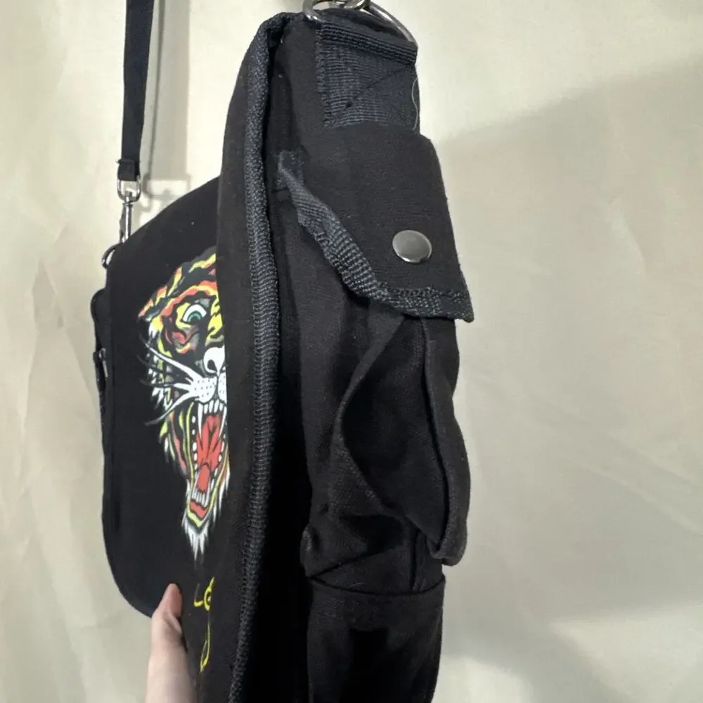 Vintage Ed Hardy Tiger Messenger Bag Y2K McBling Tattoo Graphic Black Crossbody